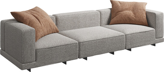 Perspective view of white upholstered modular sofa with cushions and wooden coffee table