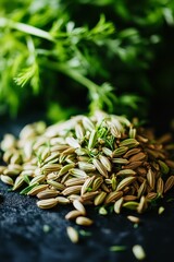 Obraz premium A heap of fennel seeds on a dark surface, surrounded by fresh green fennel fronds in the background
