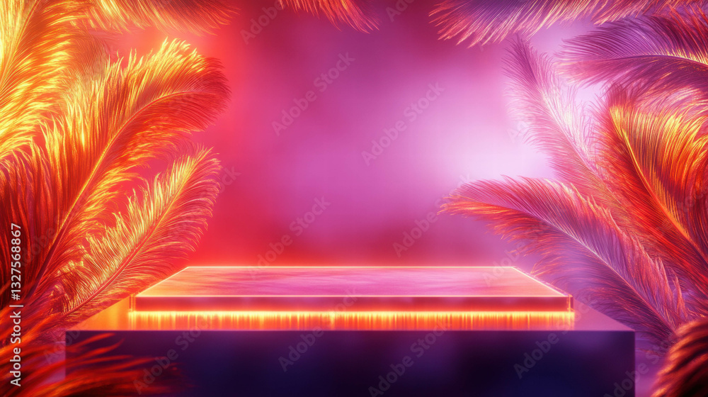 Poster vibrant abstract background with illuminated podium surrounded by colorful palms