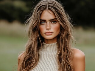 Naklejka premium Portrait of a beautiful woman in a field