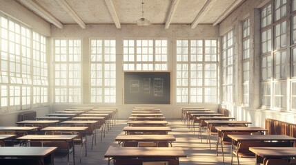 Echoes of Learning: A sunlit classroom, meticulously arranged rows of wooden desks face towards a vintage blackboard, creating an inviting space for education and contemplation.