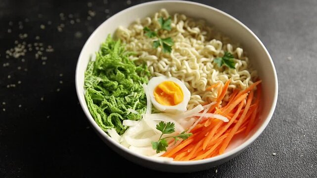 budda bowl noodles vegetables salad tasty fresh delicious gourmet food background table rustic food top view copy space keto and paleo diet vegetarian and vegan food