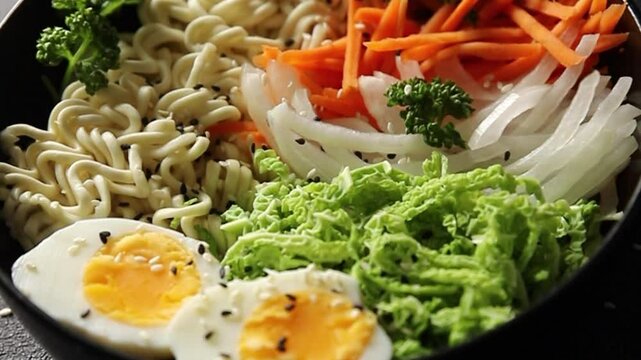 budda bowl noodles vegetables salad tasty fresh delicious gourmet food background table rustic food top view copy space keto and paleo diet vegetarian and vegan food