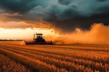 Fototapeta premium Tractor is driving through a field of grain. The sky is cloudy and the sun is setting