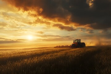 Fototapeta premium Tractor is driving through a field of tall grass. The sky is cloudy and the sun is setting
