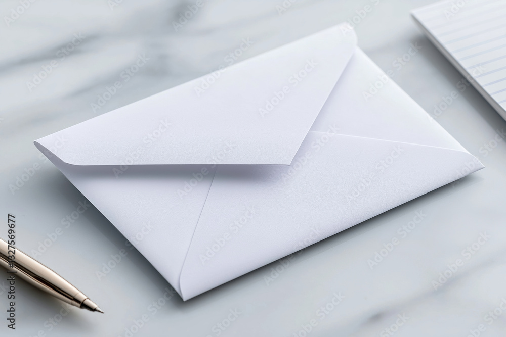 Poster white envelope and pen on a marble surface with notepad for correspondence