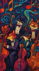 A group of anthropomorphic musicians playing musical instruments together