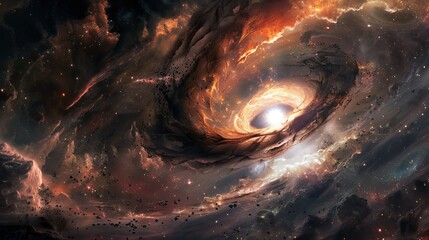 Fototapeta premium A stunning cosmic scene of a swirling black hole in deep space, surrounded by vibrant colors and celestial elements.