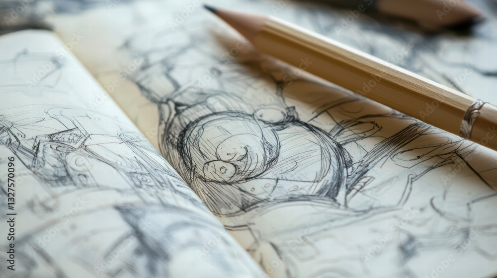 Poster artistic expression: an intimate capture of a sketchbook with detailed pencil sketches, revealing a 