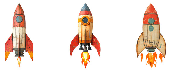 Vintage Rocket Set Isolated on Transparent Background for Design Use