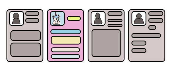 Four resumes next to each other, three similar and colourless, one colourful of the unicorn. Concept of finding the right candidate. 