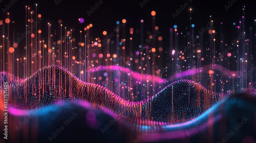 Poster digital spectrum waves: a vibrant display of interconnected data streams undulates across a dark bac