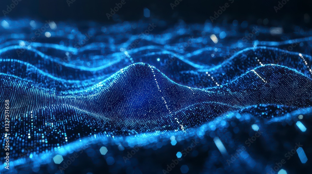 Poster digital blue waves: an abstract digital landscape composed of shimmering blue particles creates a dy