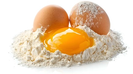 Flour with eggs isolated on white background
