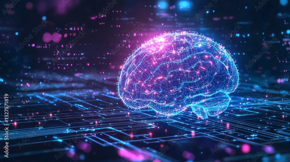 Poster brain of the future: an electric artistic portrayal of the human brain with lines and digital circui