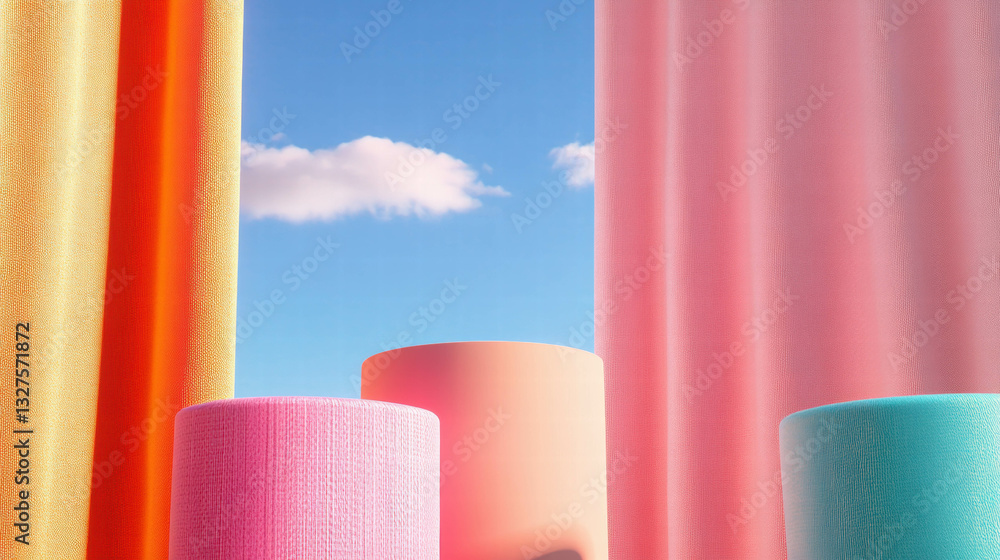 Poster vibrant abstract background with colorful fabric columns and blue sky for modern design
