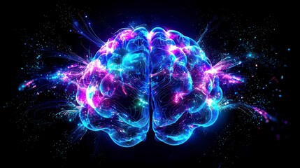 Brain's Digital Symphony: A vivid, artistic rendering of a human brain awash in a cascade of vibrant colors, pulsating with energy and interconnected pathways, symbolizing the power of thought.