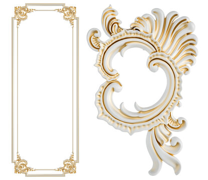 White ornament frame,  gold patina on a white background, Isolated
