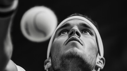 Tennis player preparing to serve during a match in a dramatic black and white composition