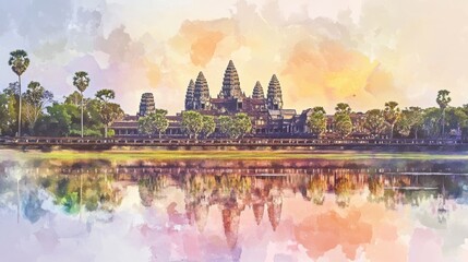 Fototapeta premium Watercolor illustration of Indian temples with lake reflection