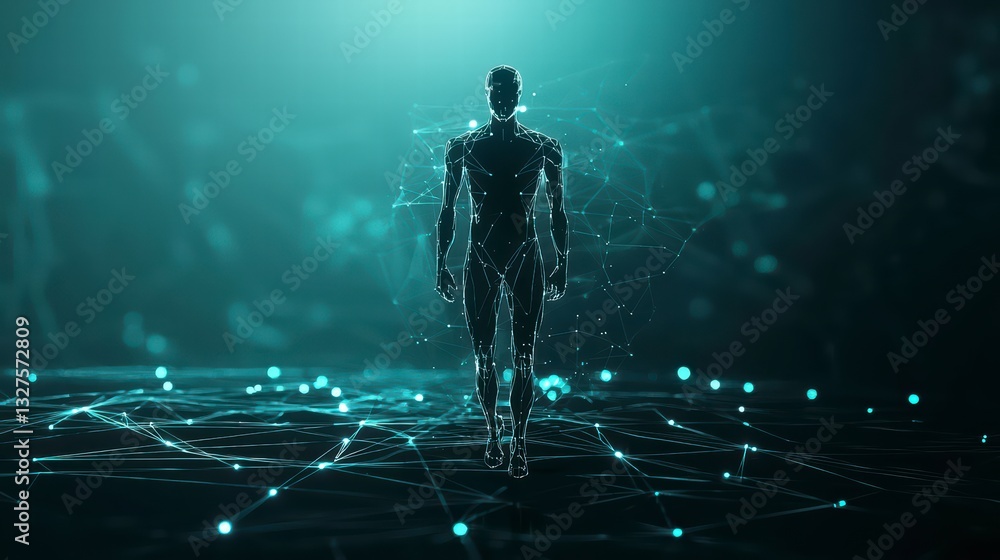 Poster cybernetic walk: a futuristic figure walks confidently in a digitally rendered environment, embodyin