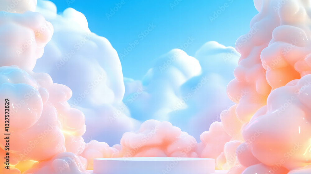Poster dreamy cloudscape with podium for presentation or display concept