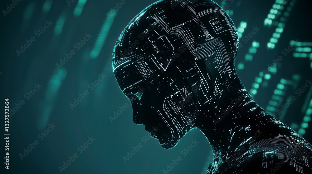 Poster cybernetic soul: a mesmerizing 3d-rendered image of a futuristic cyborg, its form a blend of organic