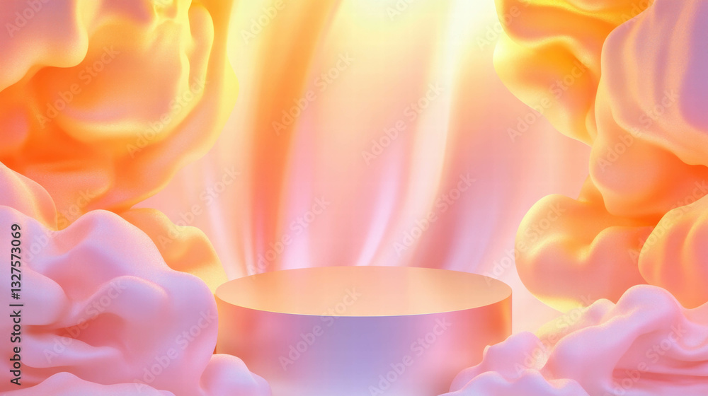 Poster abstract background with podium surrounded by soft flowing fabric for design and display
