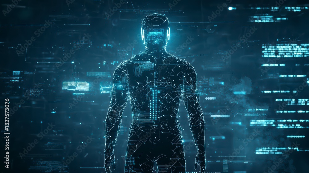 Poster Digital Blueprint of Humanity: A luminescent digital rendering of a human form, intricately woven with interconnected lines, pulses with the energy of innovation against a backdrop of binary code.