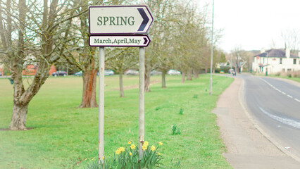 Decorative sign with a welcoming spring message and fresh flowers around it.