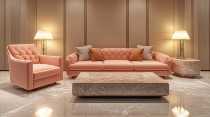 A luxurious living room with a soft coral pink sofa and matching armchair, complemented by neutral beige wall panels