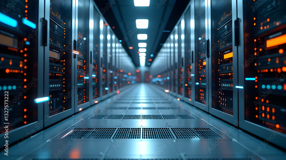 Poster futuristic data center server room with blue orange lights and rows of computer racks