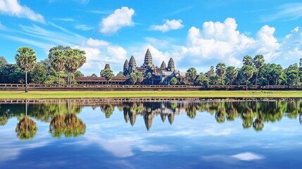 Naklejka premium Watercolor illustration of Indian temples with lake reflection
