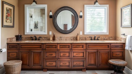 Elegant bathroom vanity with granite countertop and decorative mirrors