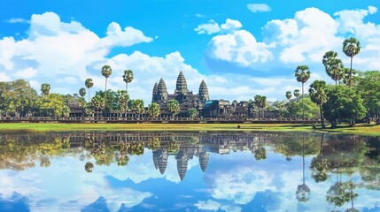 Naklejka premium Watercolor illustration of Indian temples with lake reflection