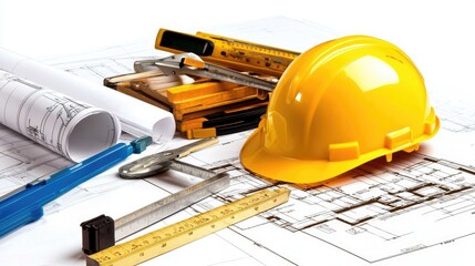 A workspace with a ruler, scale model, and construction helmet on top of a blueprint.