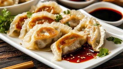 Delicious dumplings served on a white plate with a rich dipping sauce and fresh herbs captured in a cozy dining setting during lunchtime