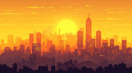 Fototapeta premium Golden Horizon: Silhouette of a city skyline bathed in the warm light of a setting sun, creating a captivating vista