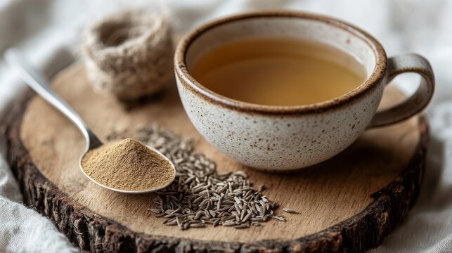 A minimalistic wooden cutting board features a cup of tea, a spoon of ground spice, and scattered cumin seeds