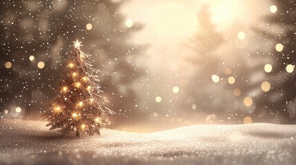 Naklejka premium Winter Wonderland Christmas Tree: A beautifully decorated Christmas tree standing in a snow-covered winter wonderland, illuminated with festive lights and a star.