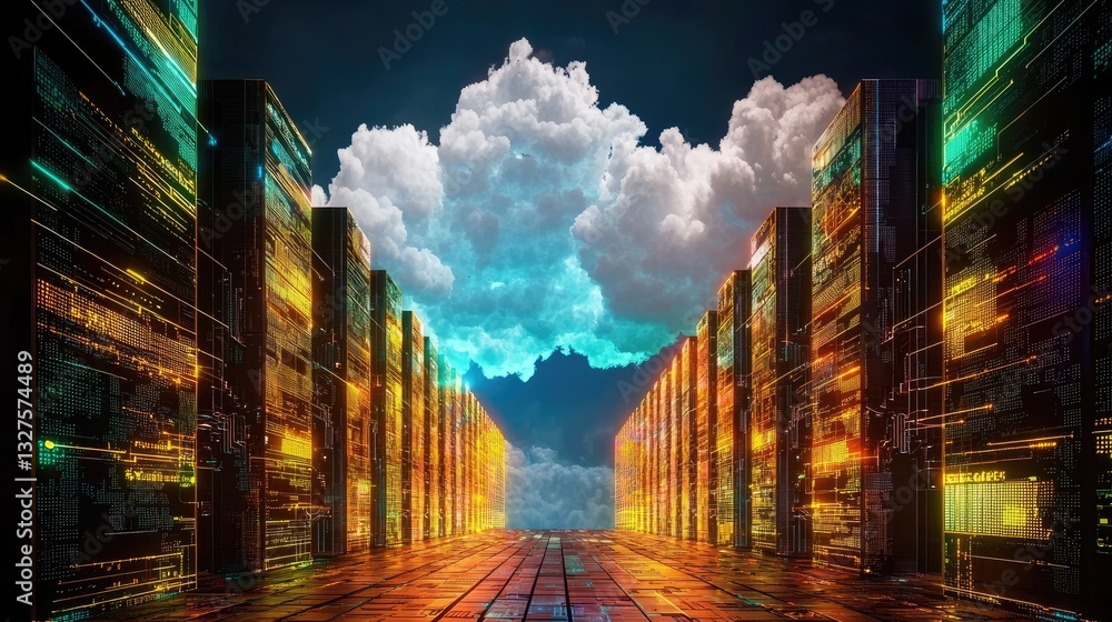 Poster abstract background featuring a digital matrix of coding languages and cloud symbols.