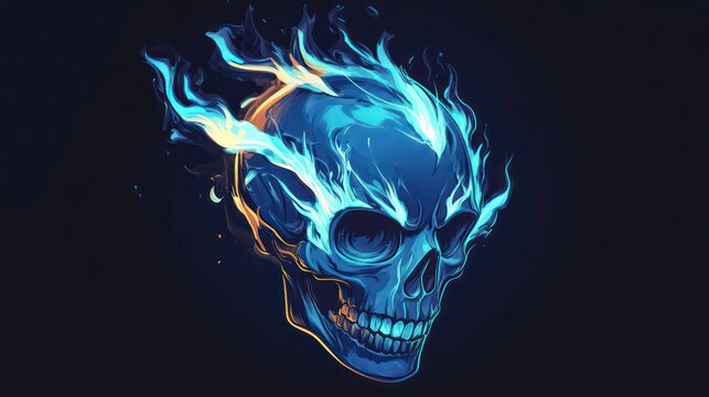 Blue flaming skull on a black background. Suitable for themes of death, danger, or the supernatural