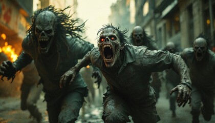 Creepy zombie crowd attack. Concept art for Halloween.