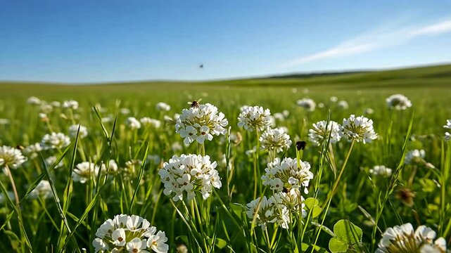 Prairie landscape with white clover and pollinators under blue sky