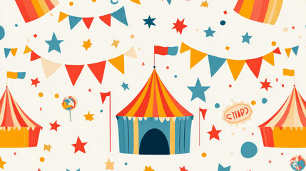 Obraz premium Circus isometric show entertainment tent marquee seamless pattern background outdoor festival with stripes and flags carnival signs