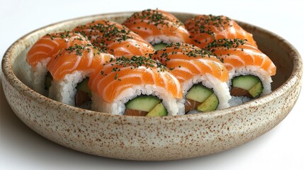 Fresh salmon sushi rolls in a dish