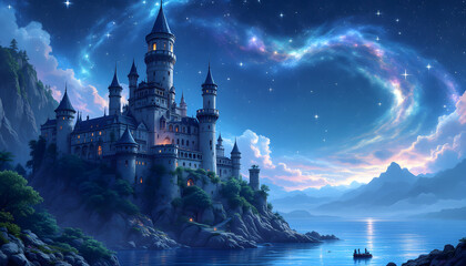 Enchanted Castle by the Lake under a Starry Night