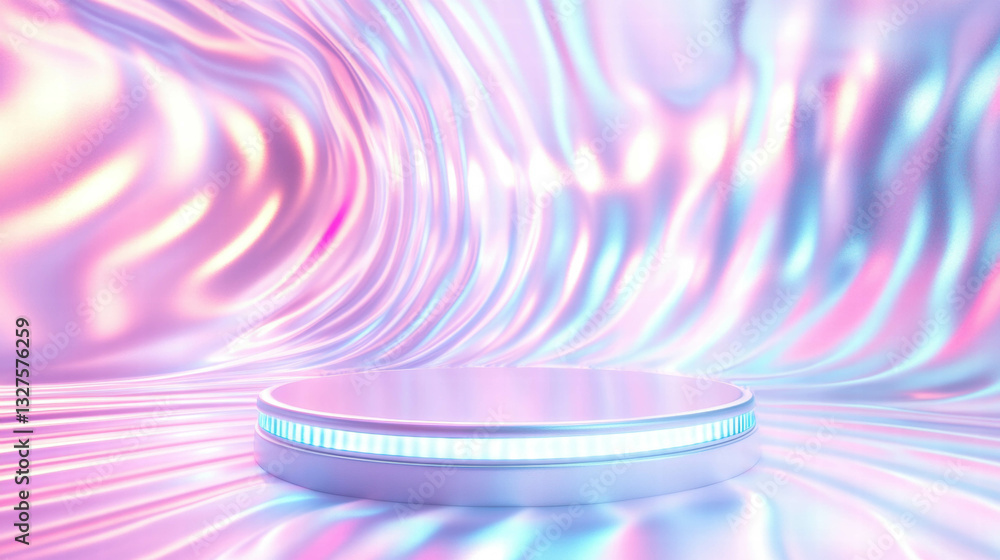 Poster futuristic neon podium with iridescent abstract background design