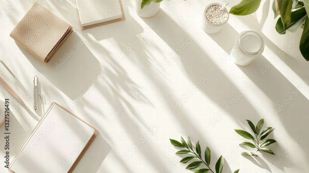 Poster minimalist scene: clean, top-down shot of an array of natural elements against the canvas of sunlit 