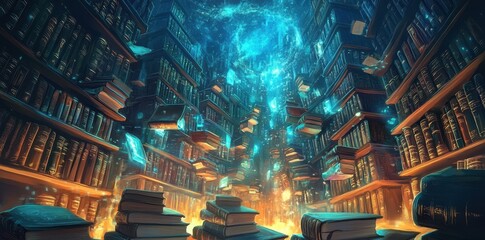 An incredible library filled with mystical floating books and radiant light